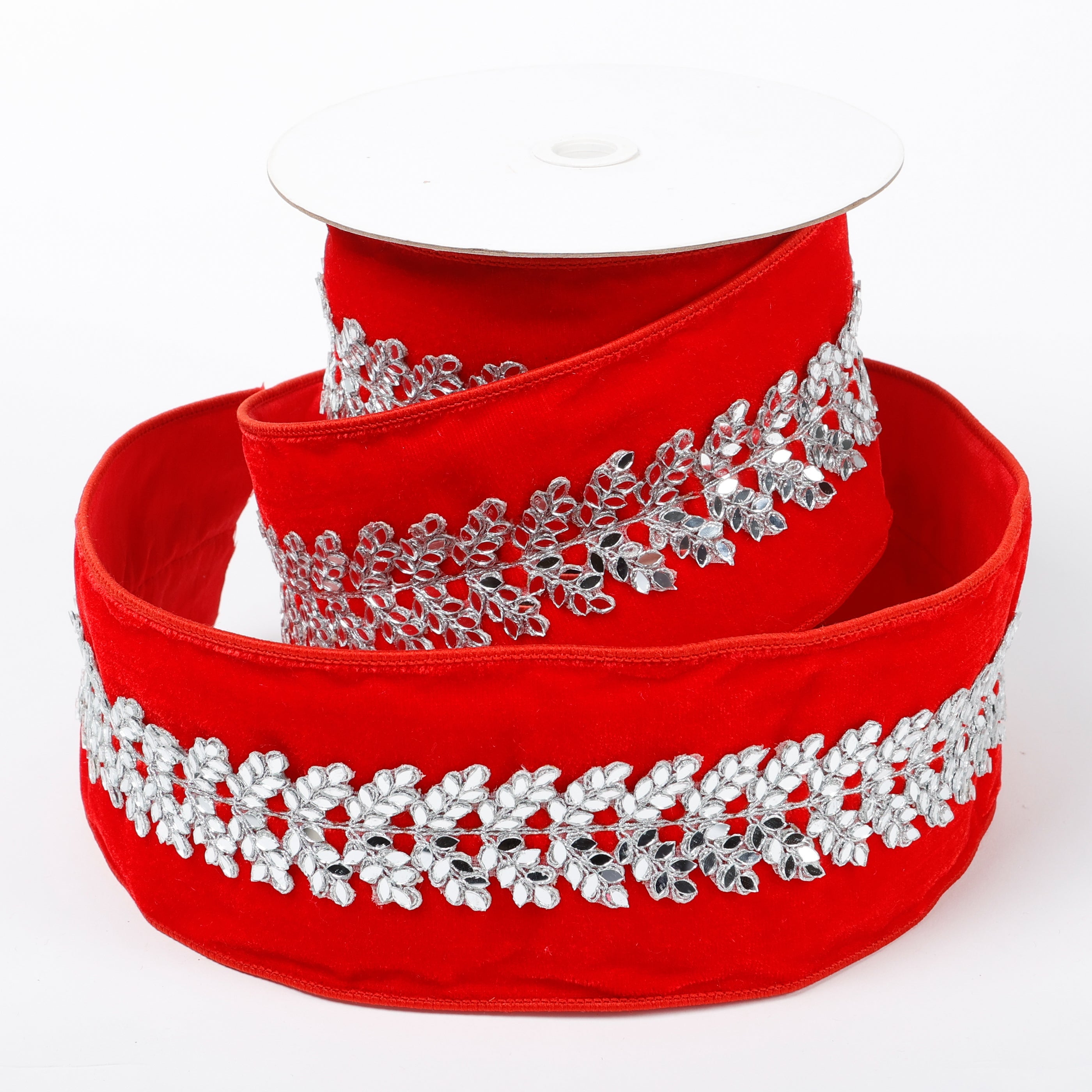 4" X 5 YDS RED VELVET MIRRORED DUPION BACKED RIBBON