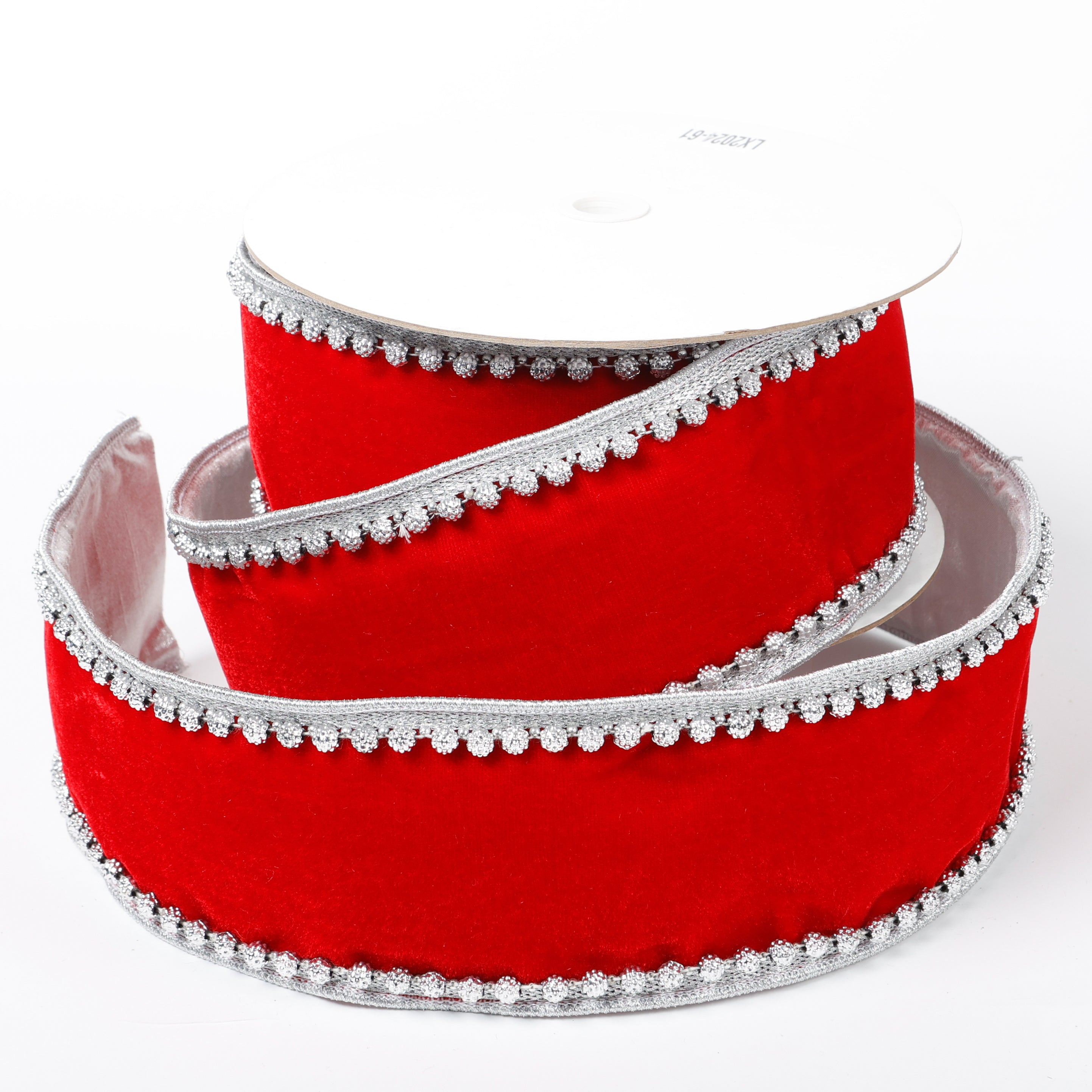 4" X 5 YDS RED VELVET SILVER EMBROIDERED EDGE DUPION BACKED RIBBON