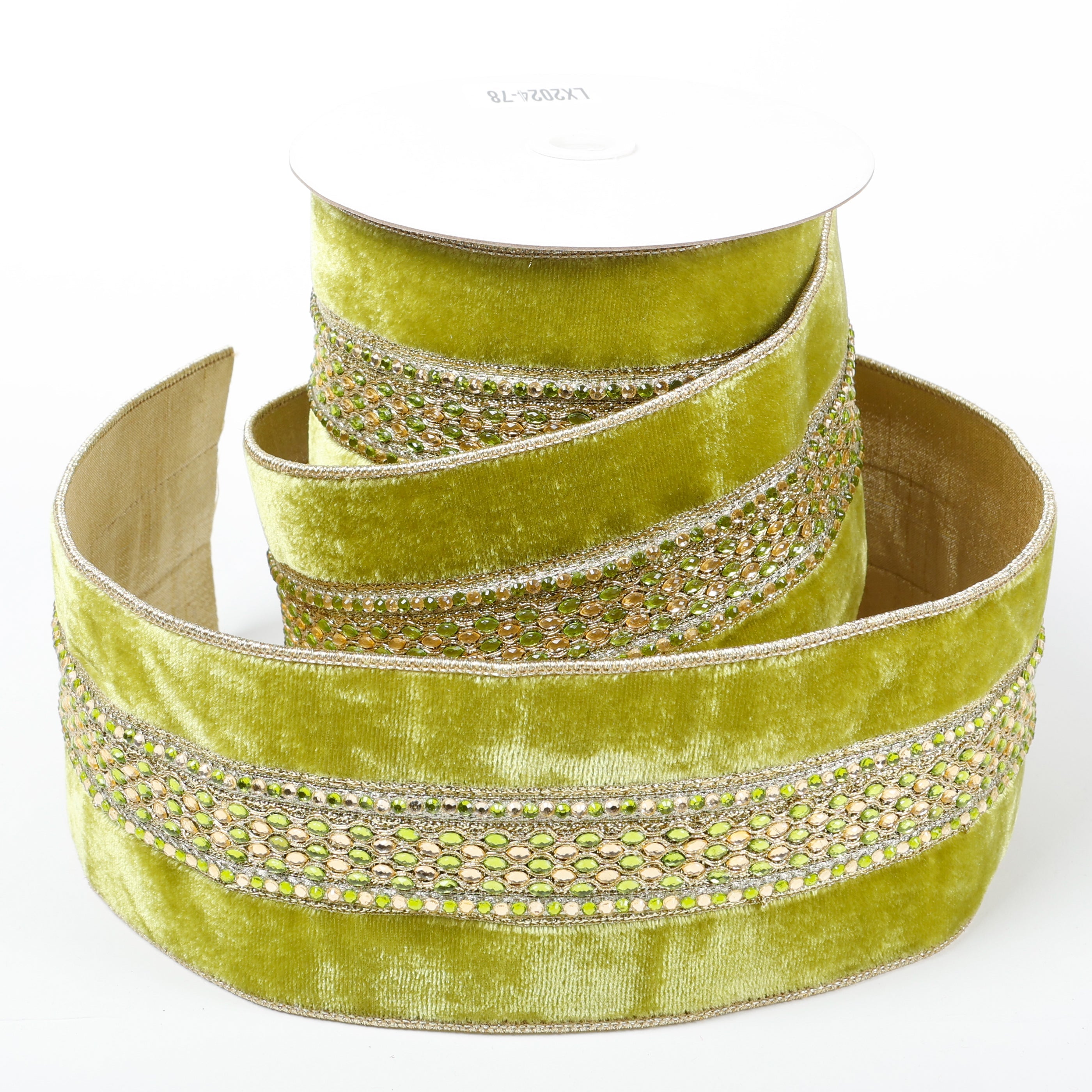 4" X 5 YDS LIME GREEN VELVET BEADED GOLD DUPION BACKED RIBBON