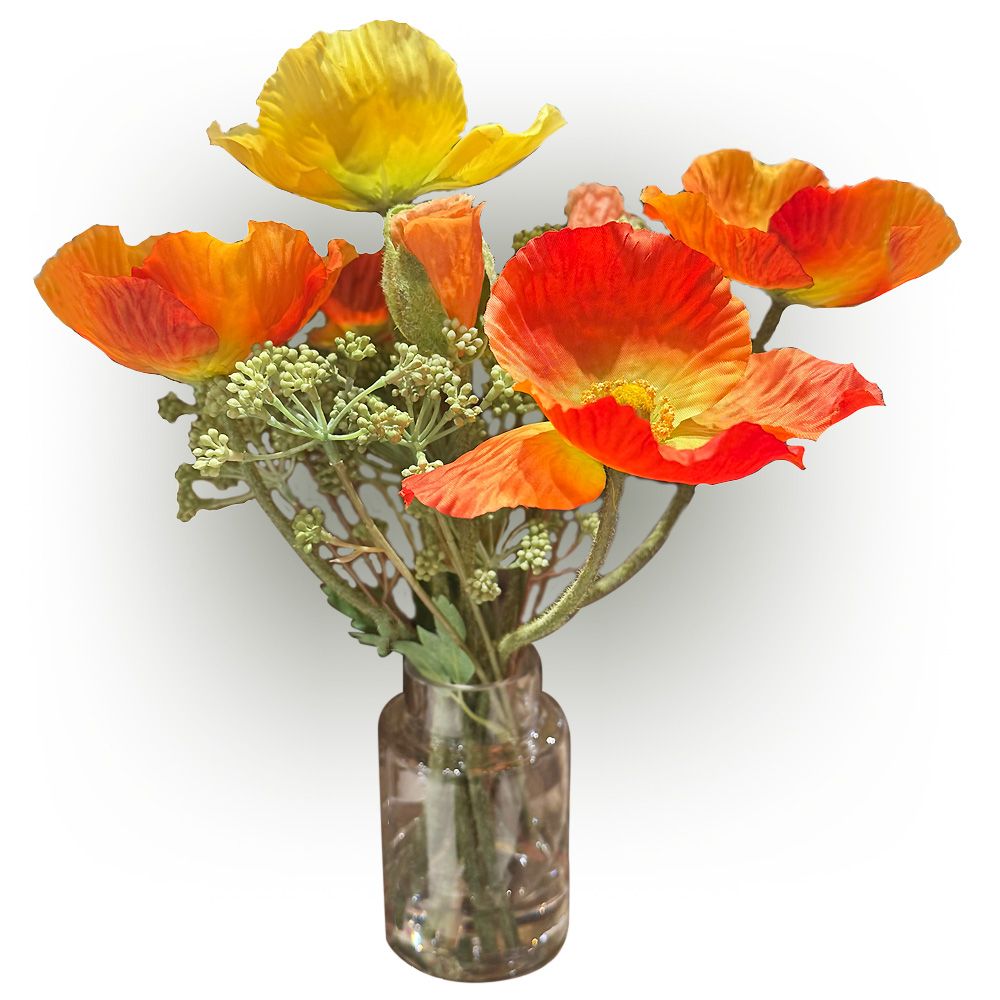 14"POPPY IN GLASS VASE OR/YE