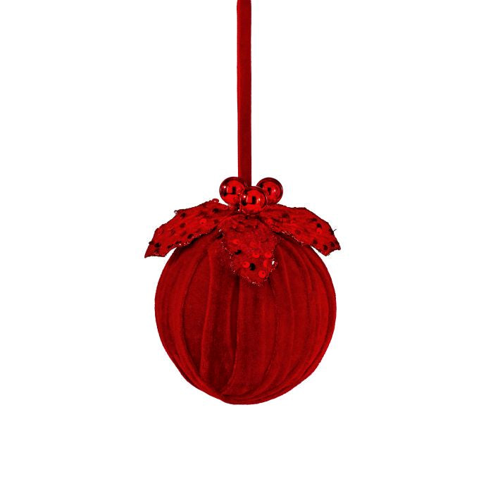 5" VELVET SEQUIN VELVET BALL W/HOLLY ORNAMENT