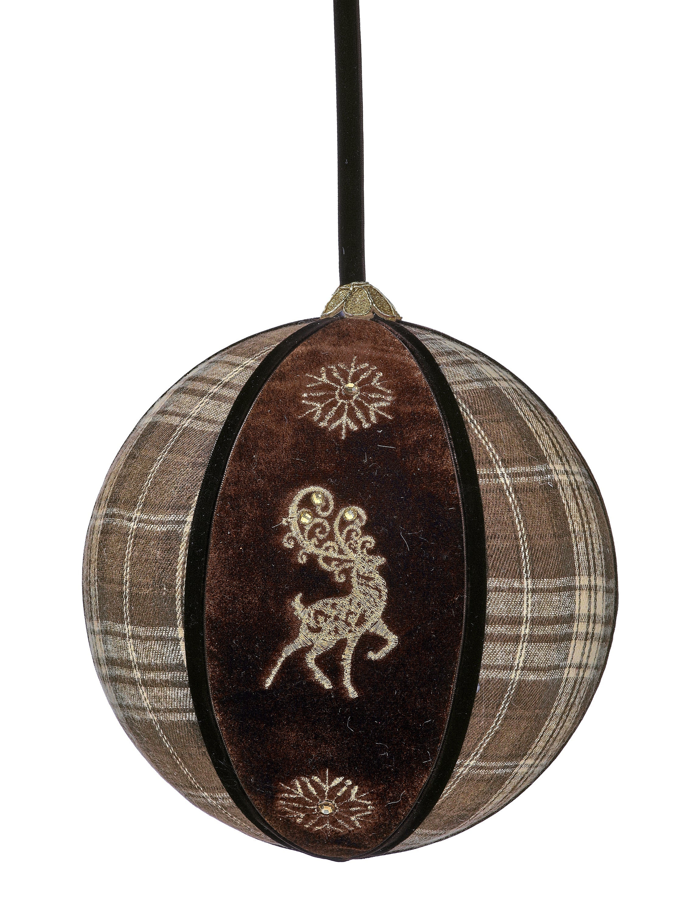 8" PLAID DEER VELVET BALL ORNAMENT-CHOC