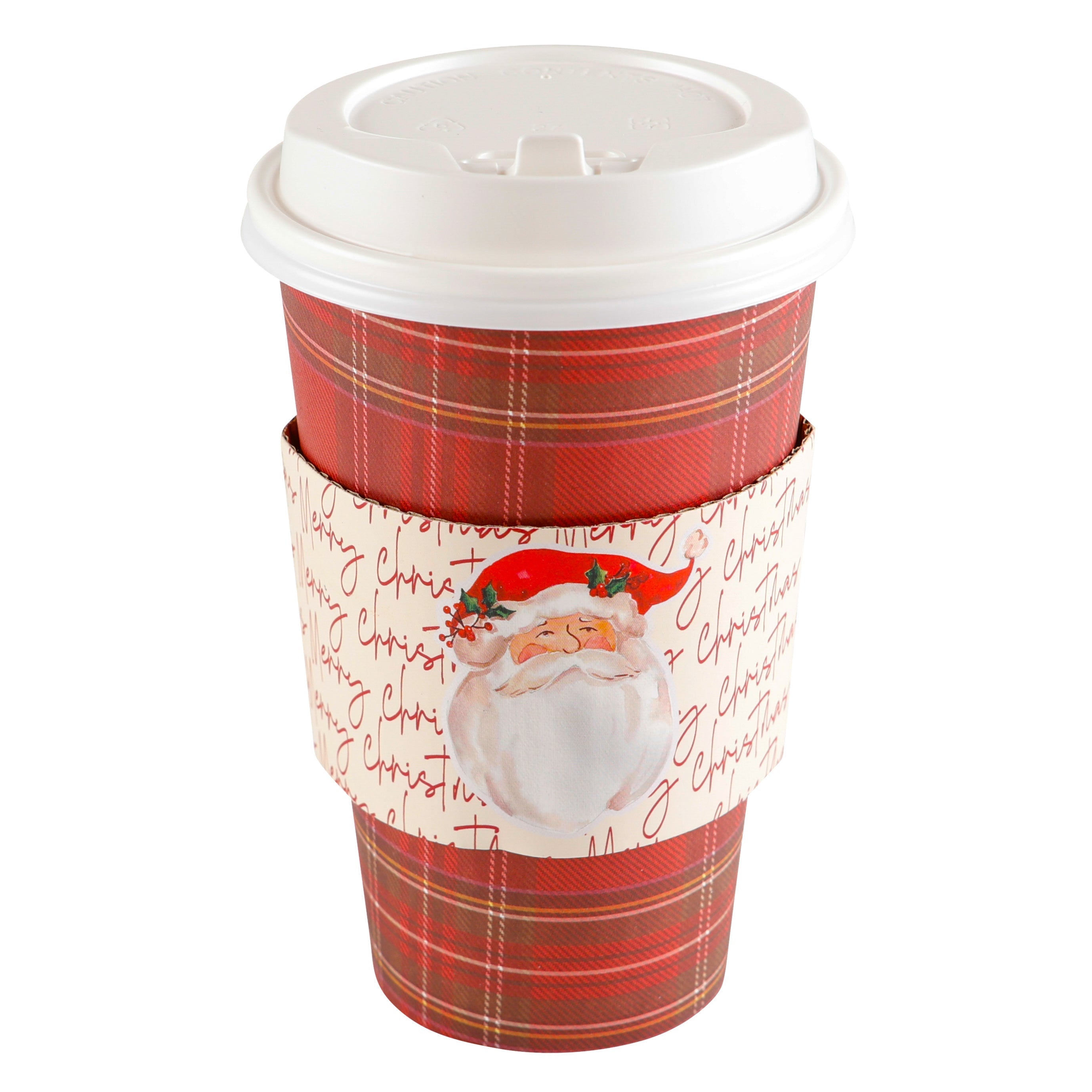 Set Of 8 Cups - Red Plaid With Santa-Merry Christmas Sleeve Hot/Cold Cup With Lid
