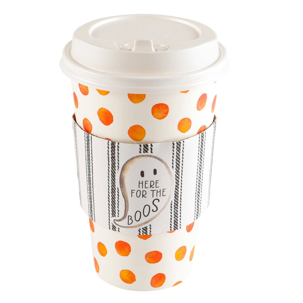 Set Of 8 Cups - Orange Polka Dot With Black Ticking Ghost Hot/Cold Cup With Lids
