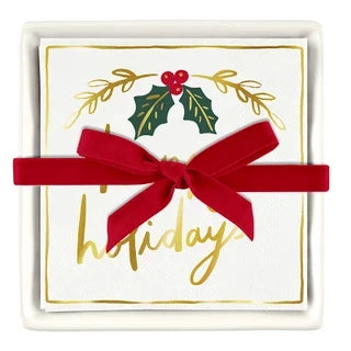 HAPPY HOLIDAYS CERAMIC TRAY AND NAPKINS GIFT SET