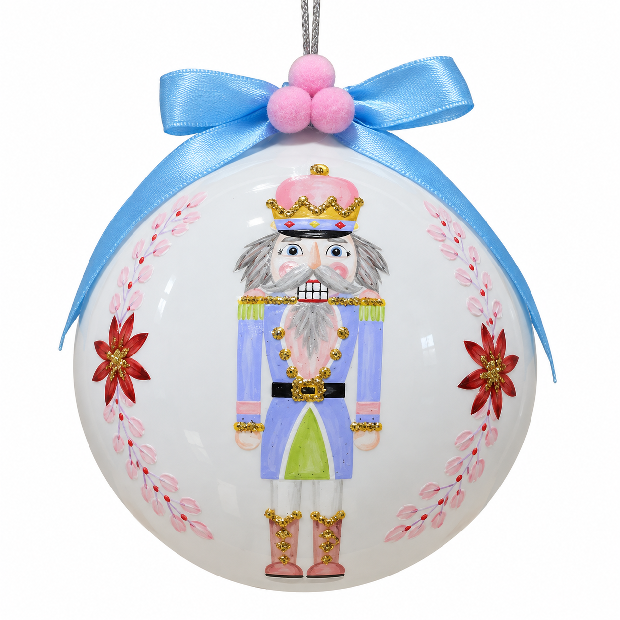5" Glass Nutcracker Ball Ornament with Blue Bow