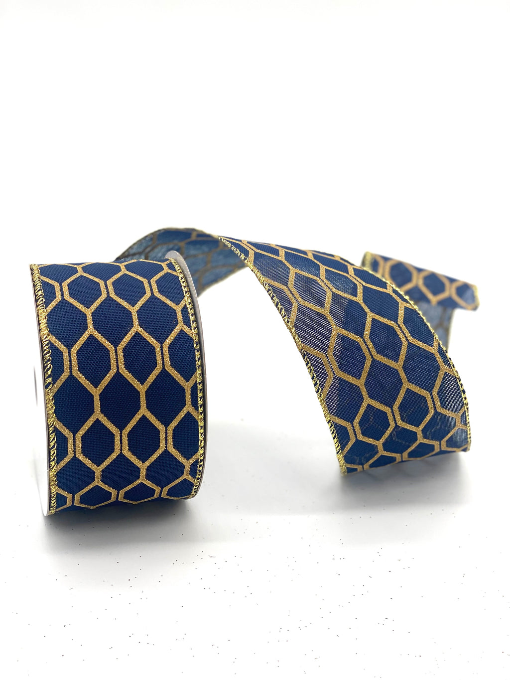 2.5" X 10 YARD GOLD GEOMETRIC ON NAVY RIBBON