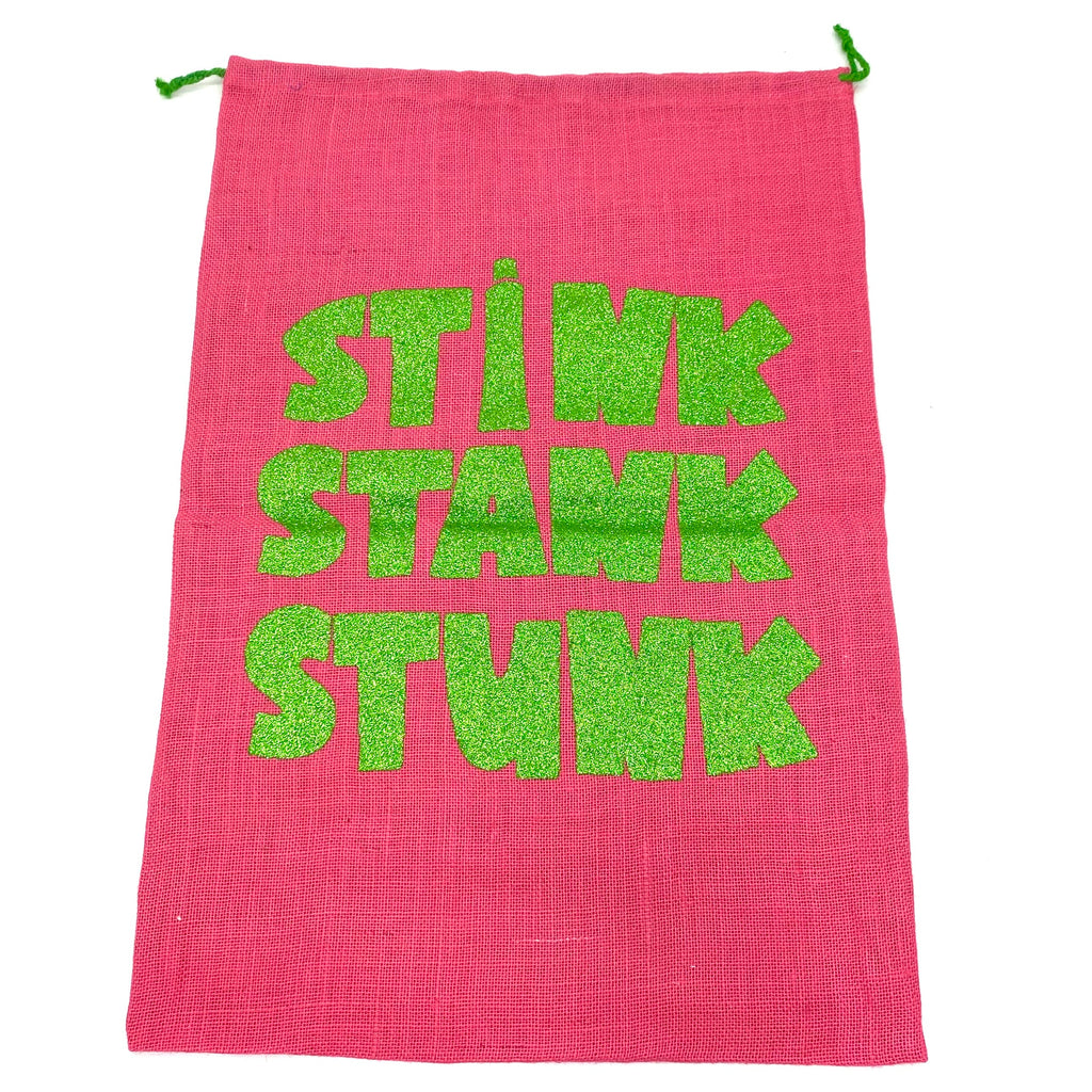 SANTA SACK WITH GLITTER PRINT IN PINK "STINK, STANK, STUNK" 19" x 28"