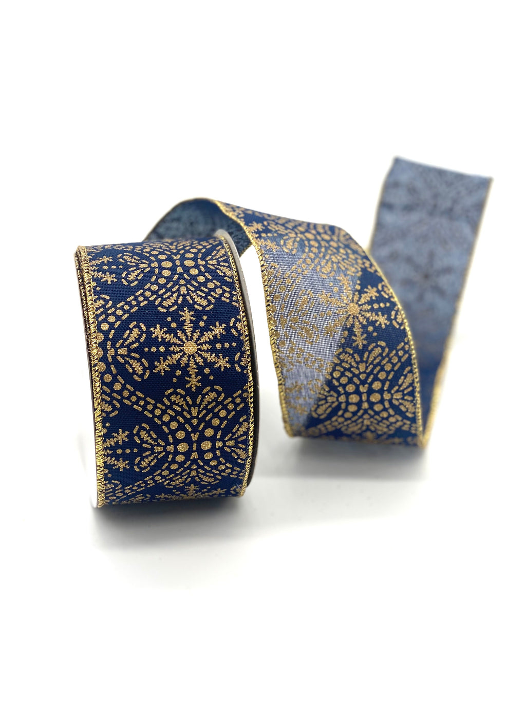 2.5" X 10 YARD GOLD SNOWFLAKE ON NAVY RIBBON